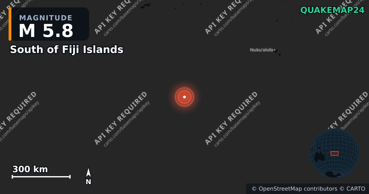 M5.8 earthquake near South of Fiji Islands on Jul 23, 2025 — map of epicenter and shaking intensity | QuakeMap24