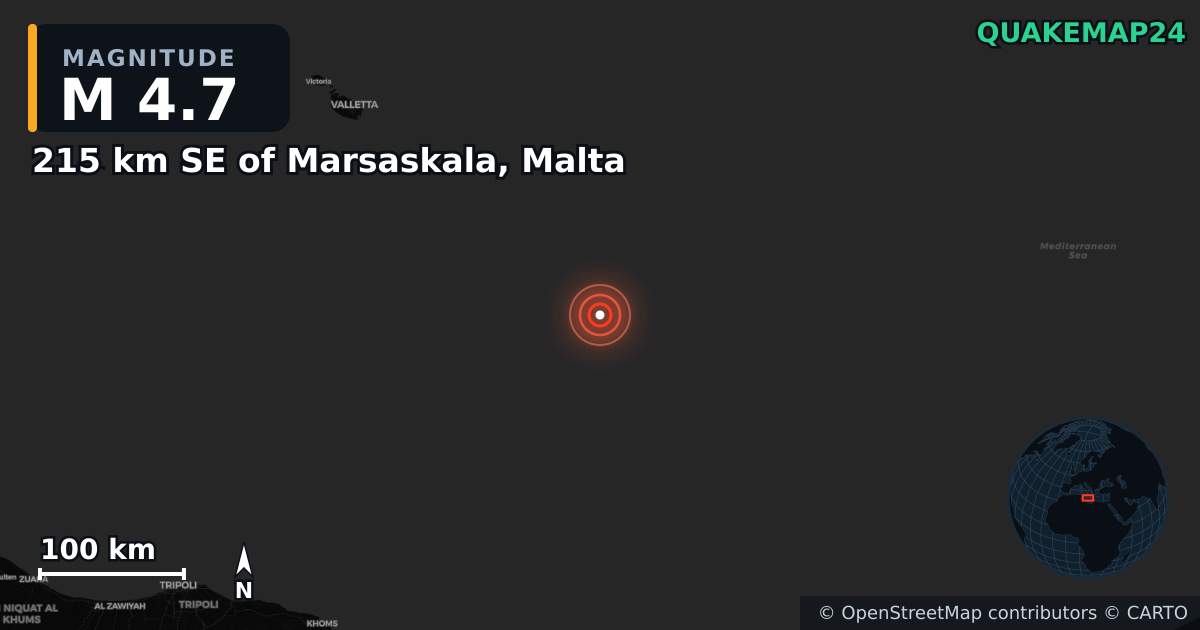 Erdbeben M4,7 bei 215 km SE of Marsaskala, Malta · 2025-08-30 — Karte der Lage des Epizentrums