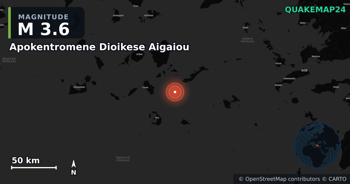 M3.6 earthquake near Apokentromene Dioikese Aigaiou on Jun 1, 2025 — map of epicenter and shaking intensity | QuakeMap24