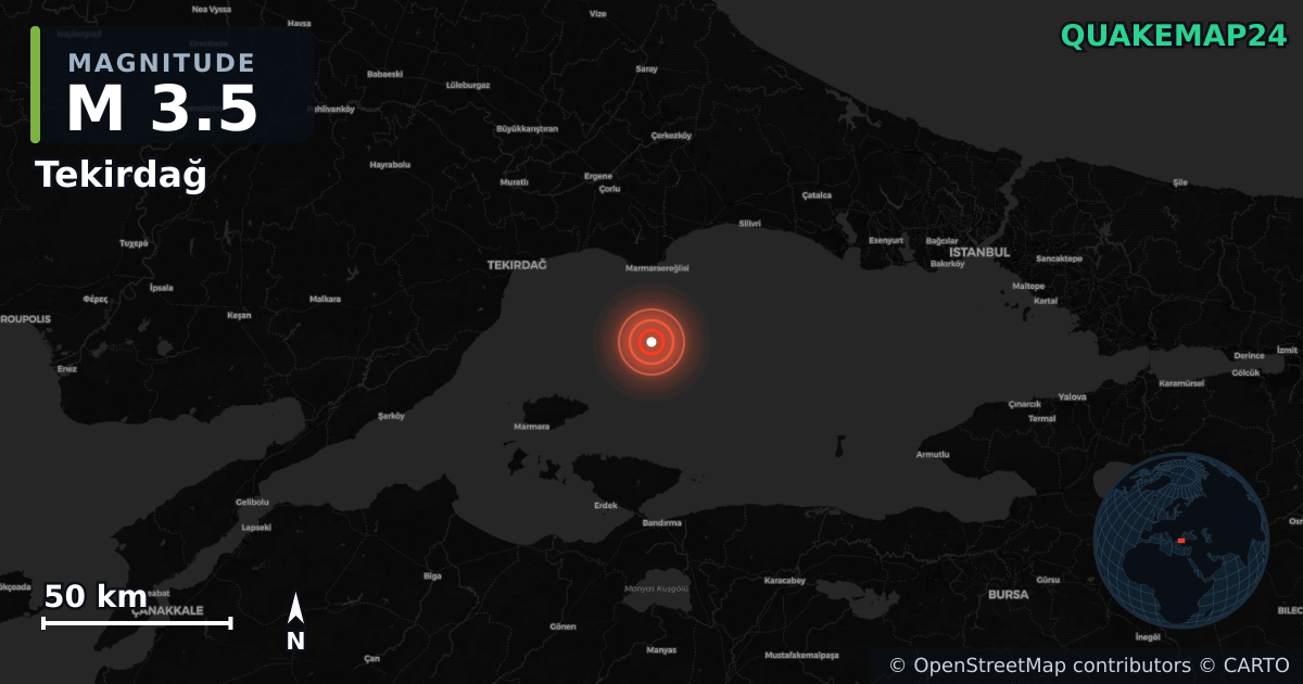 M3.5 earthquake near Tekirdağ on Oct 5, 2025 — map of epicenter and shaking intensity | QuakeMap24