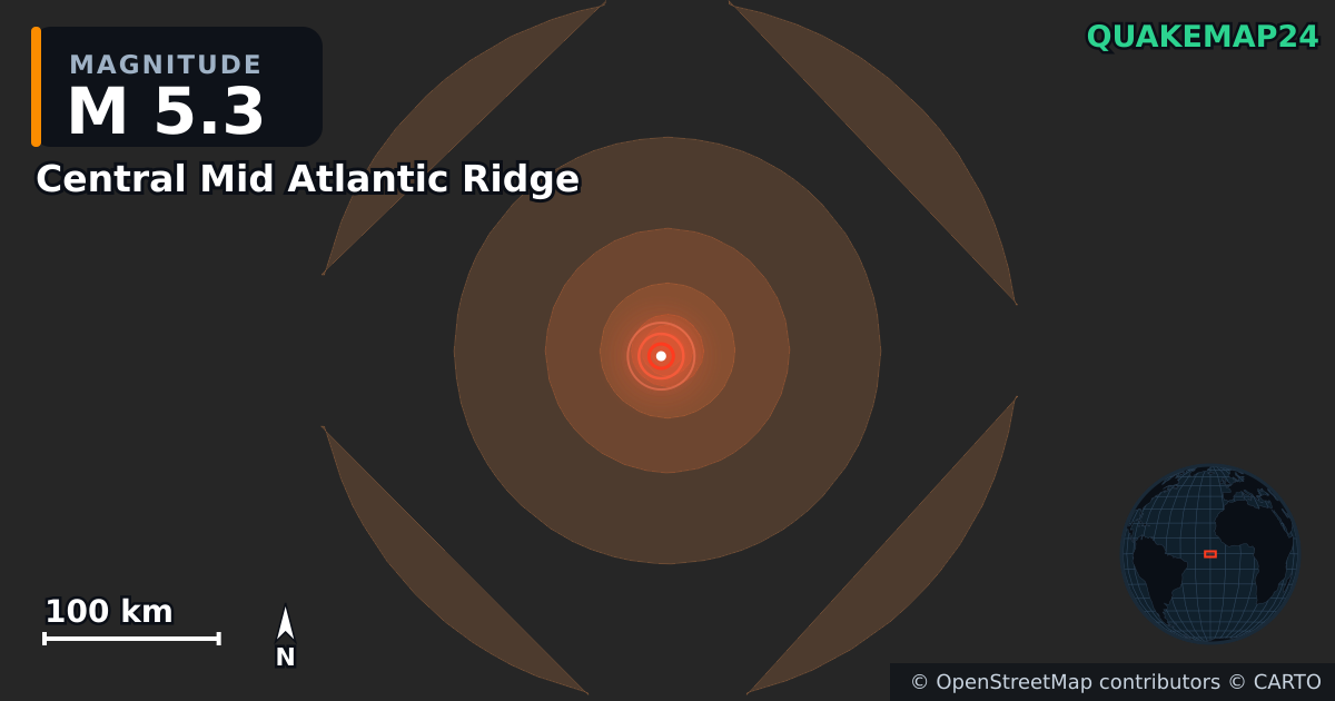 M5.3 Earthquake near Central Mid Atlantic Ridge · 2026-06-18 — Map showing the location of the epicenter