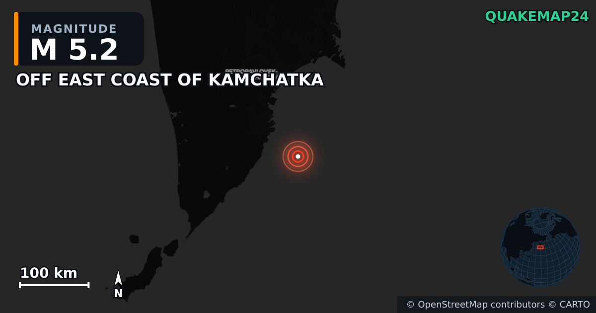 M5.2 earthquake near OFF EAST COAST OF KAMCHATKA on Jul 30, 2025 — map of epicenter and shaking intensity | QuakeMap24
