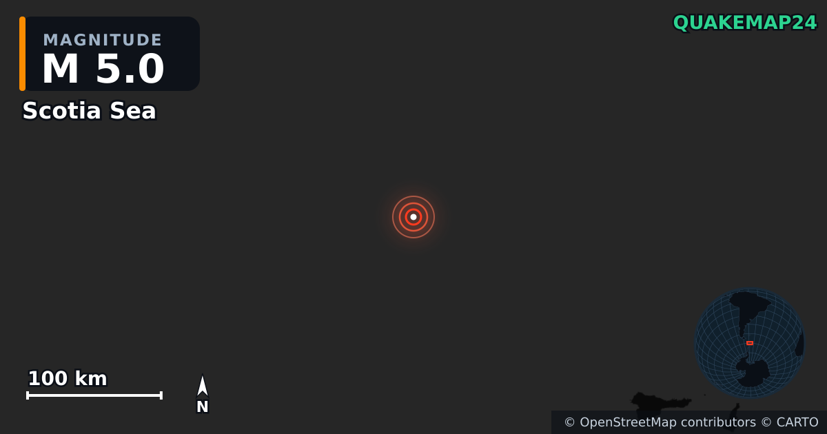 M5.0 earthquake near Scotia Sea on Apr 15, 2025 — map of epicenter and shaking intensity | QuakeMap24