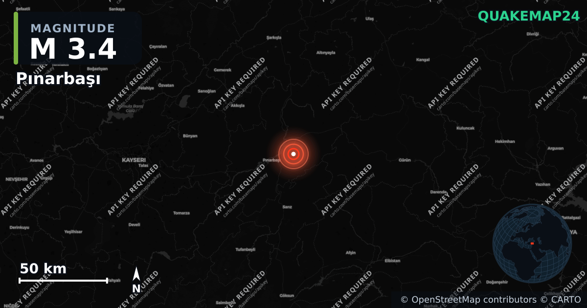 M3.4 earthquake near Pınarbaşı on Aug 31, 2026 — map of epicenter and shaking intensity | QuakeMap24