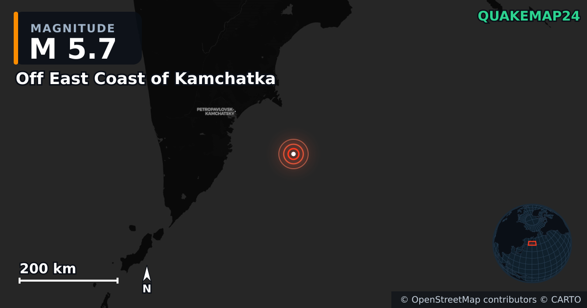 M5.7 earthquake near Off East Coast of Kamchatka on Aug 23, 2025 — map of epicenter and shaking intensity | QuakeMap24