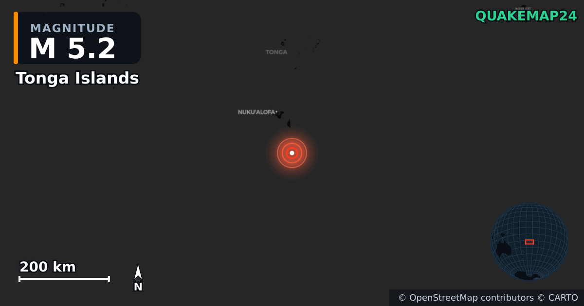M5.2 earthquake near Tonga Islands on Jan 26, 2026 — map of epicenter and shaking intensity | QuakeMap24