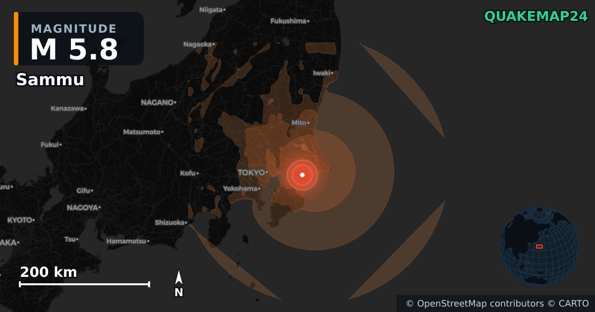 M5.8 earthquake near Sammu on Jun 26, 2026 — map of epicenter and shaking intensity | QuakeMap24
