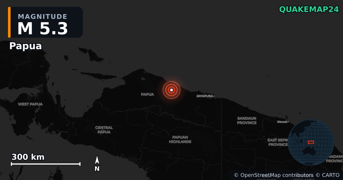 M5.3 earthquake near Papua on Oct 17, 2025 — map of epicenter and shaking intensity | QuakeMap24