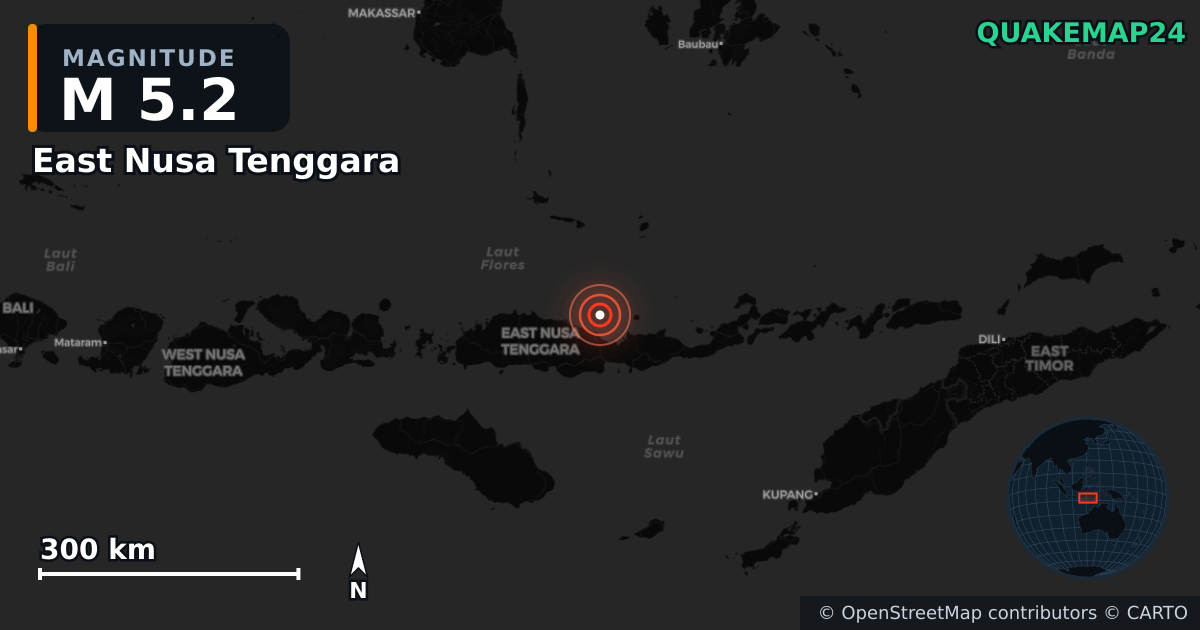 M5.3 earthquake near East Nusa Tenggara on Aug 17, 2026 — map of epicenter and shaking intensity | QuakeMap24