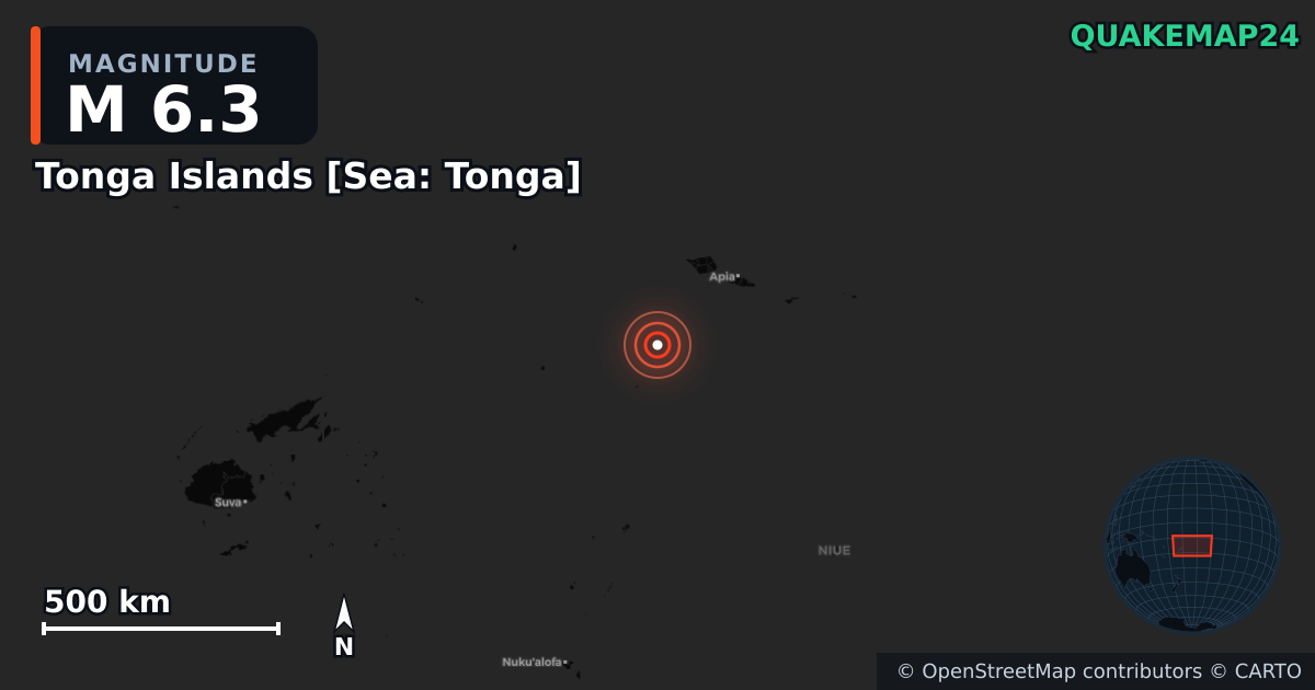 M6.3 earthquake near Tonga Islands [Sea: Tonga] on Apr 19, 2026 — map of epicenter and shaking intensity | QuakeMap24