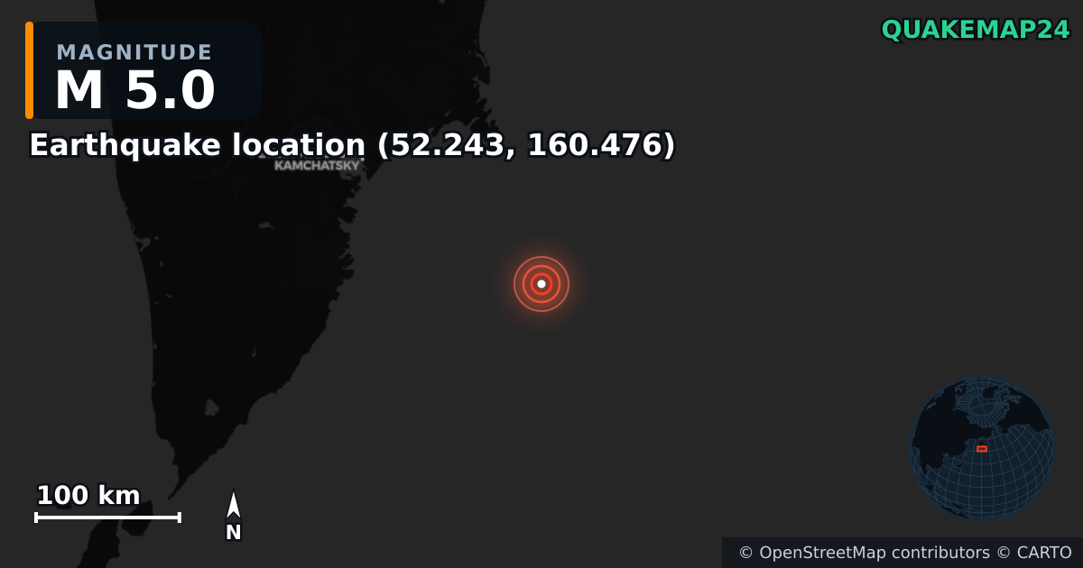 M5.0 earthquake near Deprem konumu (52.243, 160.476) on Sep 30, 2025 — map of epicenter and shaking intensity | QuakeMap24