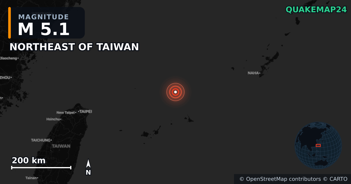 M5.1 earthquake near NORTHEAST OF TAIWAN on Nov 20, 2025 — map of epicenter and shaking intensity | QuakeMap24