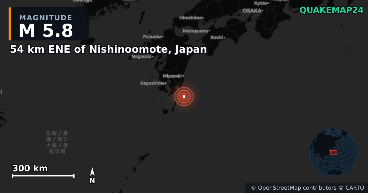 M5.8 earthquake near 54 km ENE of Nishinoomote, Japan on Apr 2, 2025 — map of epicenter and shaking intensity | QuakeMap24