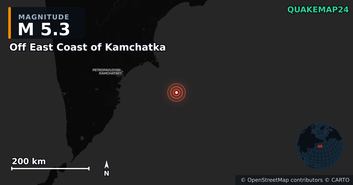 M5.3 earthquake near Off East Coast of Kamchatka on Sep 8, 2025 — map of epicenter and shaking intensity | QuakeMap24