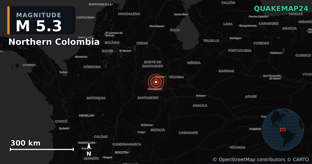 M5.3 earthquake near Northern Colombia on Mar 1, 2026 — map of epicenter and shaking intensity | QuakeMap24