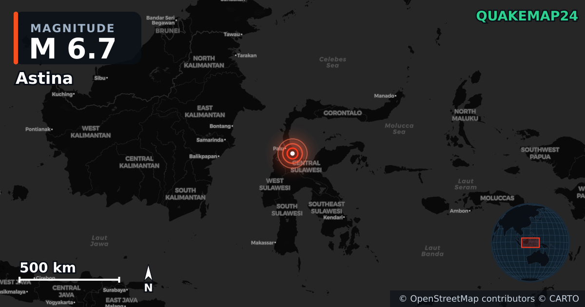 M6.7 earthquake near Astina on Jun 16, 2026 — map of epicenter and shaking intensity | QuakeMap24