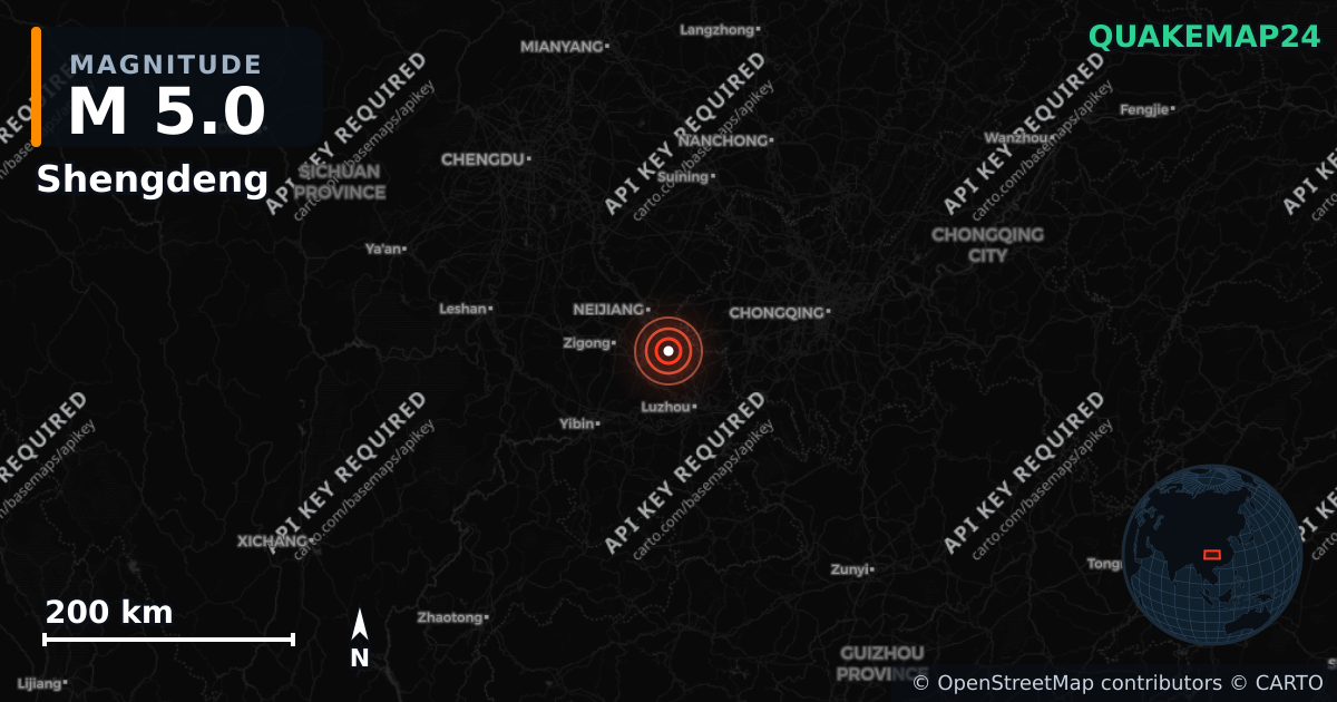 M5.0 earthquake near Shengdeng on Aug 28, 2026 — map of epicenter and shaking intensity | QuakeMap24