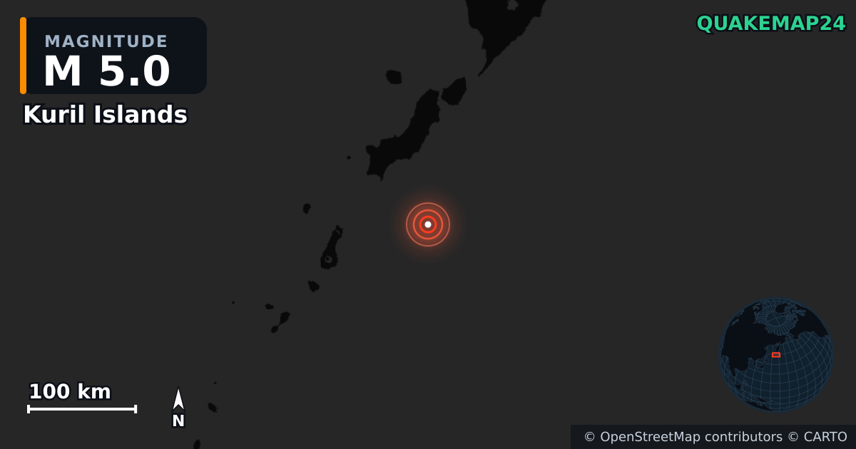 M5.0 earthquake near Kuril Islands on Jan 30, 2026 — map of epicenter and shaking intensity | QuakeMap24