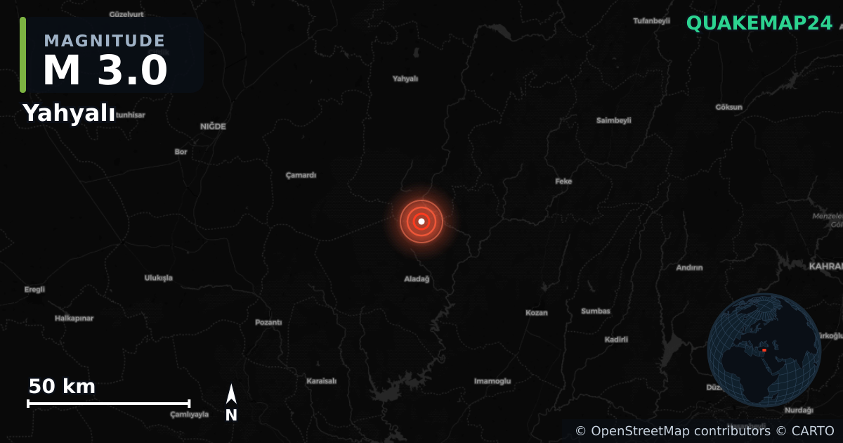 M3.0 earthquake near Yahyalı on Feb 21, 2026 — map of epicenter and shaking intensity | QuakeMap24