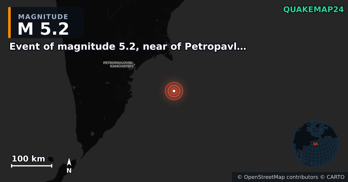 M5.2 earthquake near Event of magnitude 5.2, near of Petropavlovsk Kamchatskiy (Monde) on Sep 21, 2025 — map of epicenter and shaking intensity | QuakeMap24