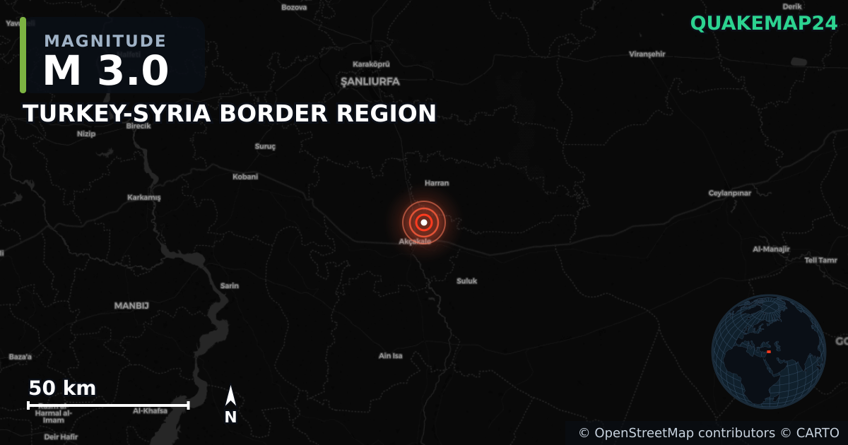 M3.0 earthquake near TURKEY-SYRIA BORDER REGION on May 20, 2026 — map of epicenter and shaking intensity | QuakeMap24