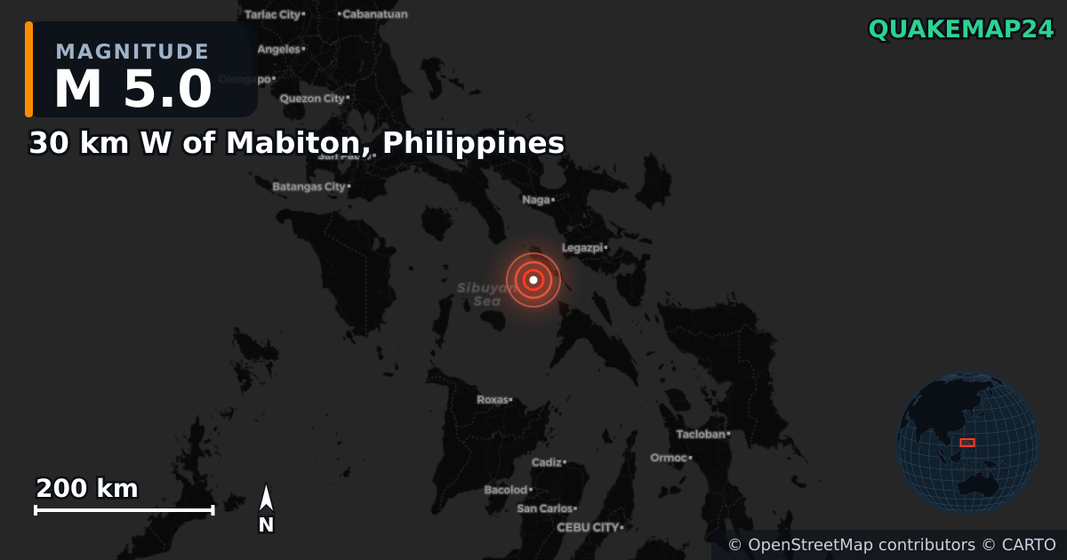 M5.0 earthquake near 30 km W of Mabiton, Philippines on Feb 15, 2025 — map of epicenter and shaking intensity | QuakeMap24