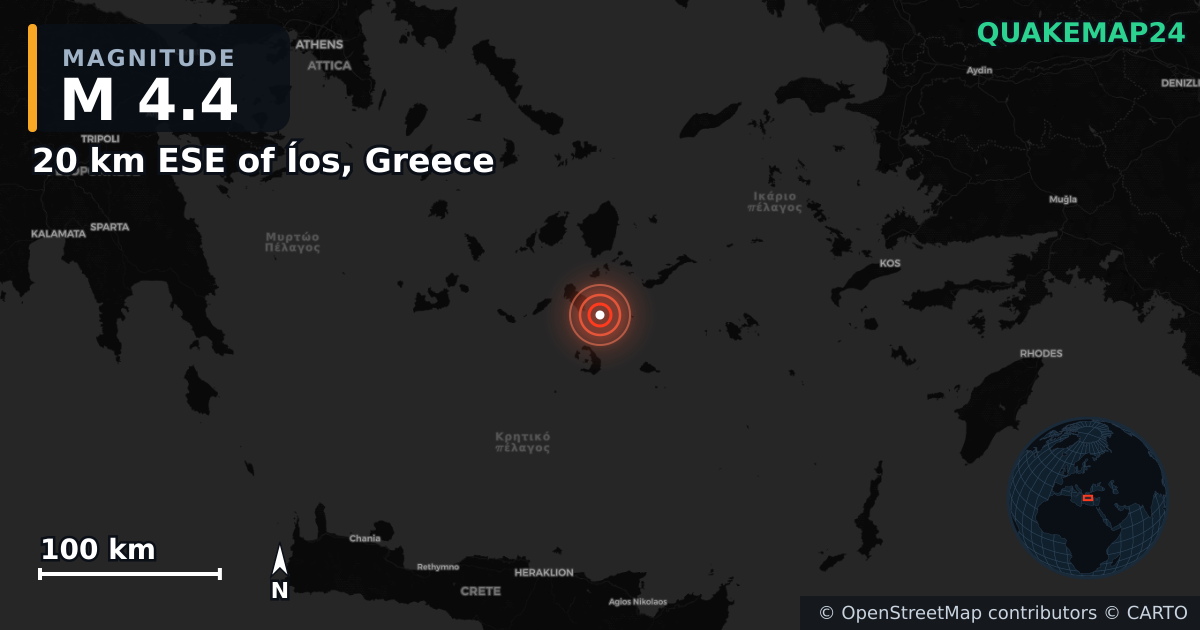 M4.4 earthquake near 20 km ESE of Íos, Greece on Feb 4, 2025 — map of epicenter and shaking intensity | QuakeMap24