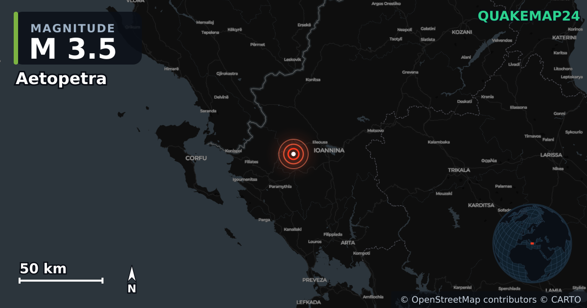 Σεισμός M3,5 κοντά στο Αετόπετρα, Περιφέρεια Ηπείρου (Ελλάδα) · 2026-04-09 — Χάρτης της θέσης του επικέντρου