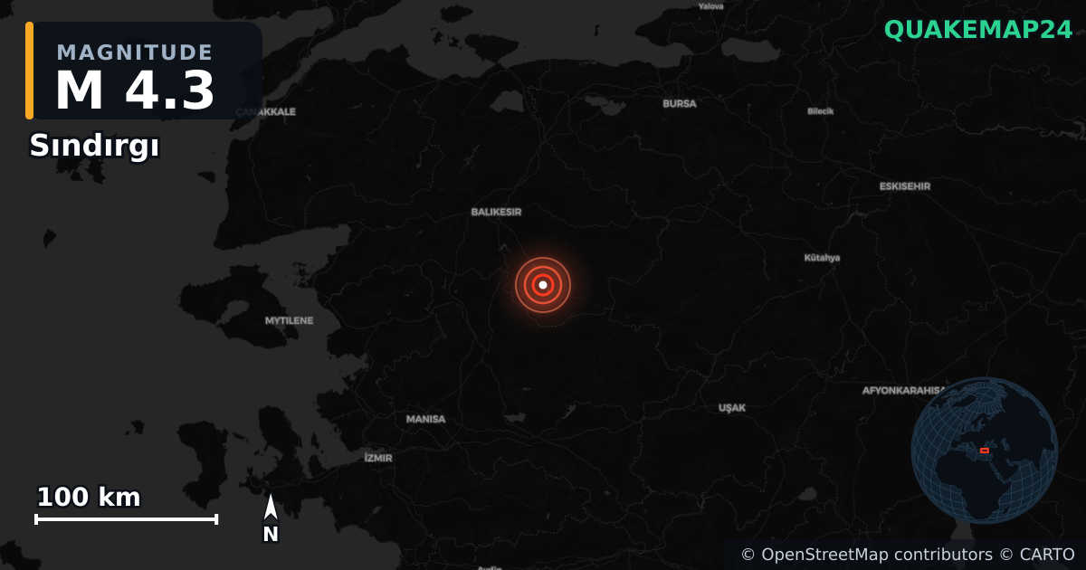 M4.3 earthquake near Sındırgı on Aug 24, 2025 — map of epicenter and shaking intensity | QuakeMap24