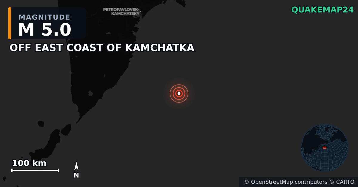 M5.0 earthquake near OFF EAST COAST OF KAMCHATKA on Jul 30, 2025 — map of epicenter and shaking intensity | QuakeMap24