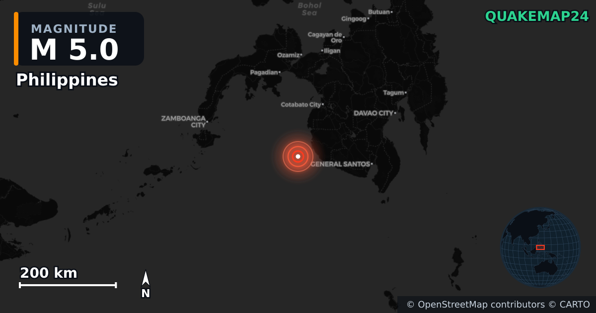 M5.0 earthquake near Philippines on Jan 28, 2026 — map of epicenter and shaking intensity | QuakeMap24