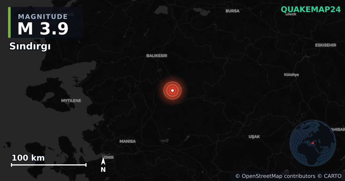 M3.9 earthquake near Sındırgı on Aug 11, 2025 — map of epicenter and shaking intensity | QuakeMap24