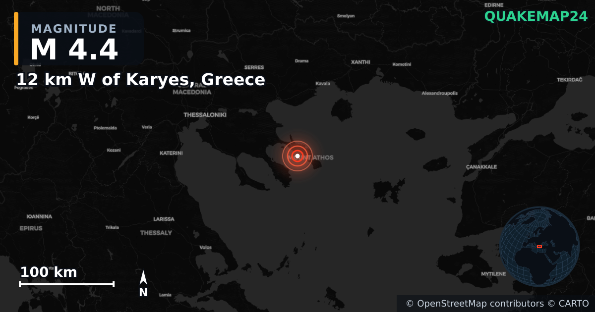M4.4 earthquake near 12 km W of Karyes, Greece on Jun 10, 2025 — map of epicenter and shaking intensity | QuakeMap24