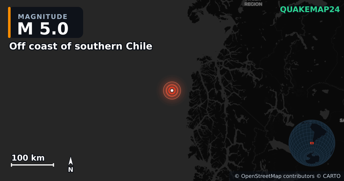 Erdbeben M5,0 bei Off coast of southern Chile — Karte der Lage des Epizentrums