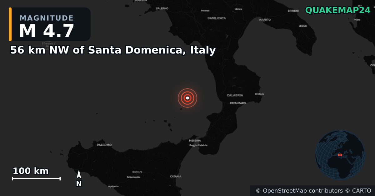 M4.5 earthquake near SICILY, ITALY on Jul 23, 2026 — map of epicenter and shaking intensity | QuakeMap24