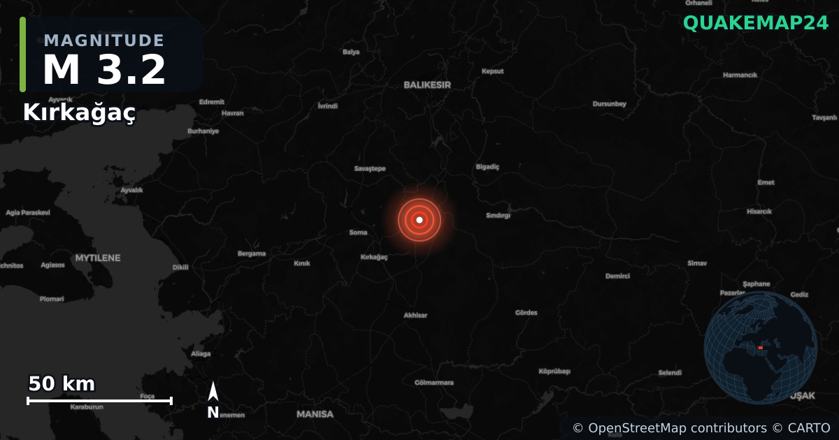 M3.2 earthquake near Kırkağaç on Aug 31, 2025 — map of epicenter and shaking intensity | QuakeMap24