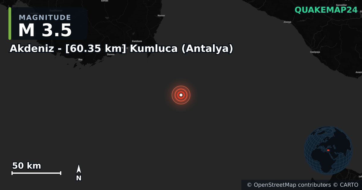 M3.5 earthquake near Akdeniz - [60.35 km] Kumluca (Antalya) on Jun 18, 2026 — map of epicenter and shaking intensity | QuakeMap24