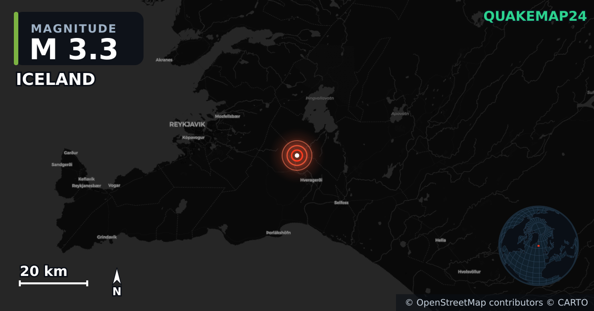 M3.3 earthquake near ICELAND on May 26, 2025 — map of epicenter and shaking intensity | QuakeMap24