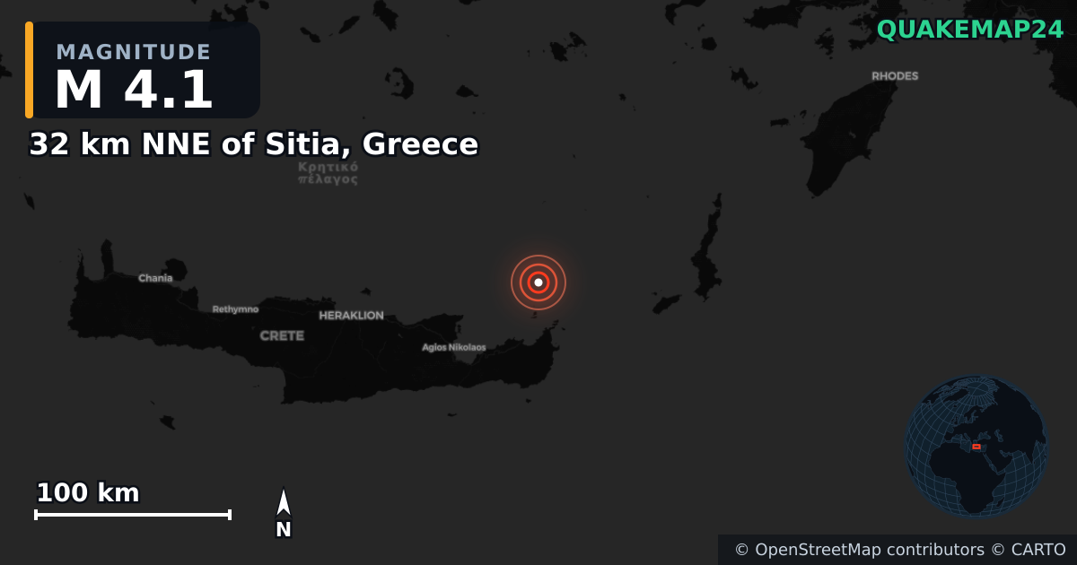 M4.1 earthquake near 32 km NNE of Sitia, Greece on Mar 4, 2025 — map of epicenter and shaking intensity | QuakeMap24