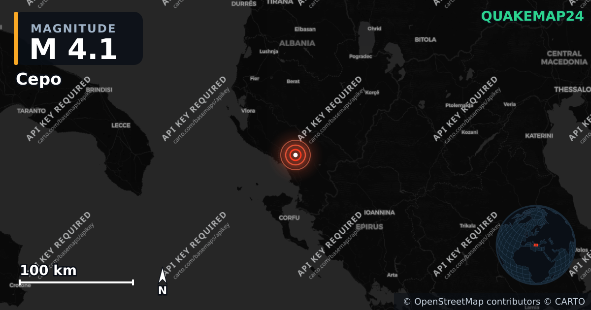 M4.1 earthquake near Cepo on Jun 19, 2026 — map of epicenter and shaking intensity | QuakeMap24