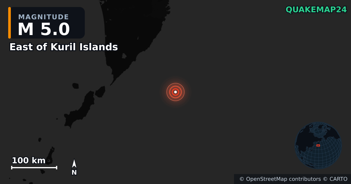 M5.0 earthquake near East of Kuril Islands on Jul 30, 2025 — map of epicenter and shaking intensity | QuakeMap24