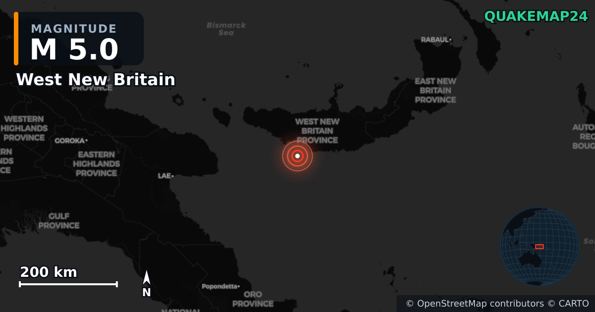 M5.0 earthquake near West New Britain on Sep 1, 2025 — map of epicenter and shaking intensity | QuakeMap24