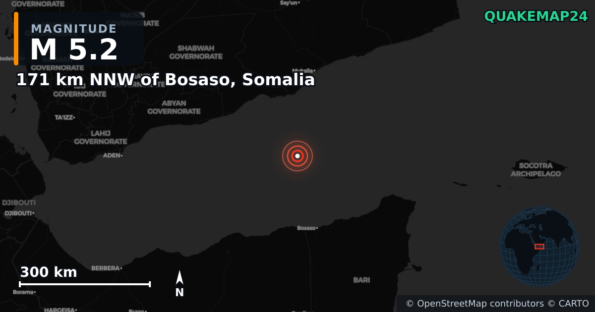 M5.2 Earthquake near 171 km NNW of Bosaso, Somalia · 2025-03-20 — Map showing the location of the epicenter