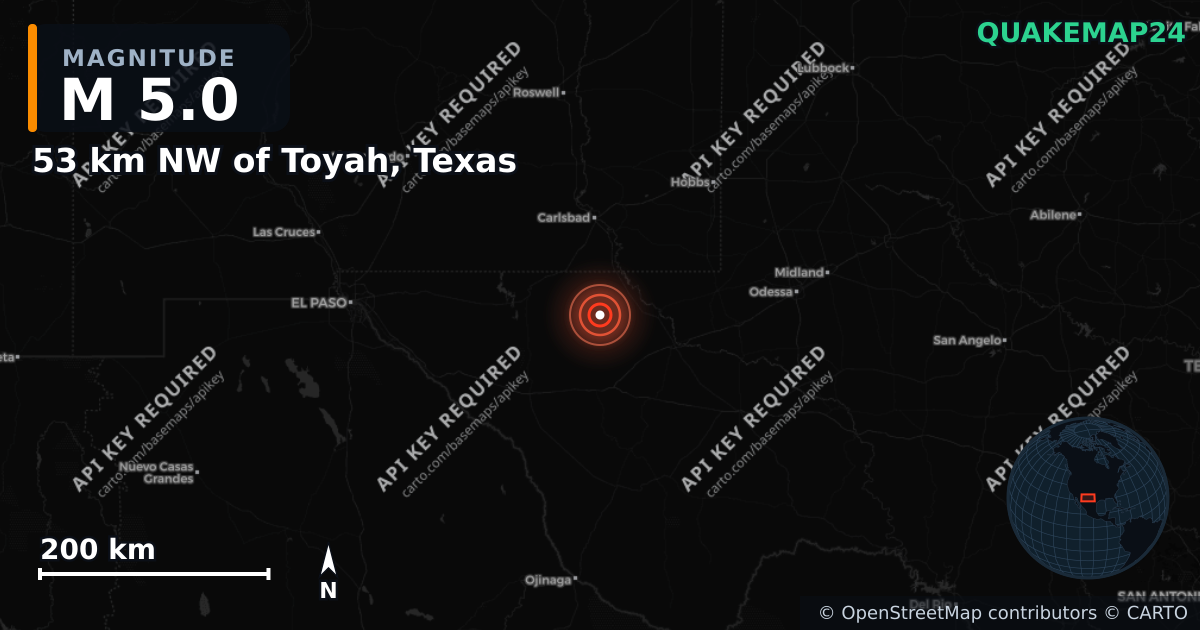 M5.0 earthquake near 53 km NW of Toyah, Texas on Feb 15, 2025 — map of epicenter and shaking intensity | QuakeMap24