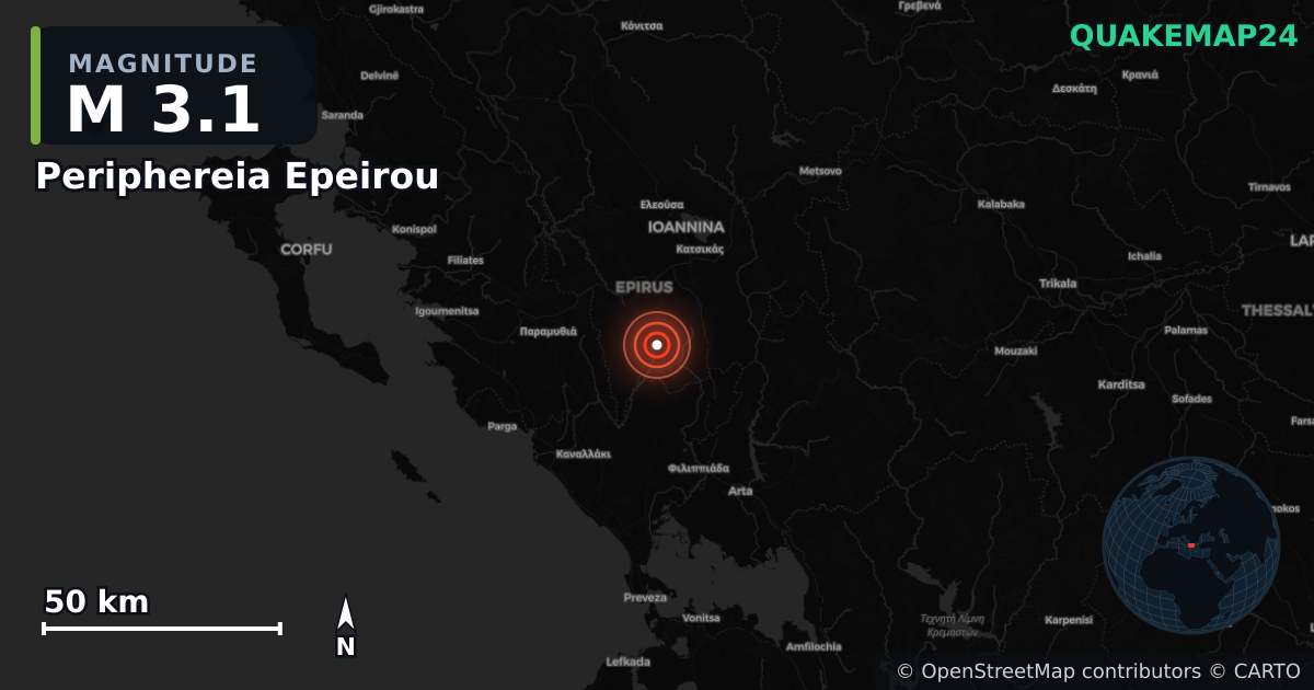 M3.1 earthquake near Periphereia Epeirou on Dec 2, 2025 — map of epicenter and shaking intensity | QuakeMap24