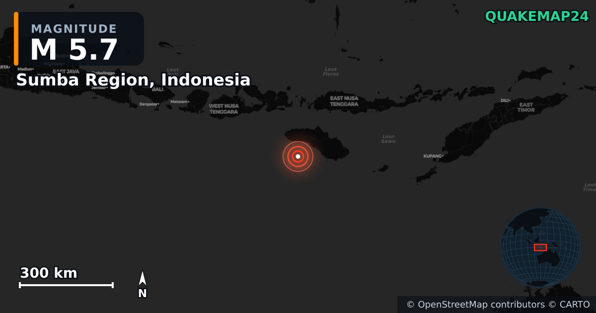 M5.7 earthquake near Sumba Region, Indonesia on May 5, 2026 — map of epicenter and shaking intensity | QuakeMap24