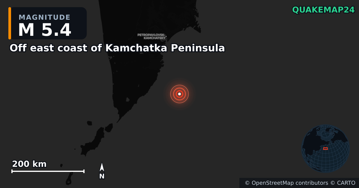 M5.4 earthquake near Off east coast of Kamchatka Peninsula on Dec 8, 2025 — map of epicenter and shaking intensity | QuakeMap24