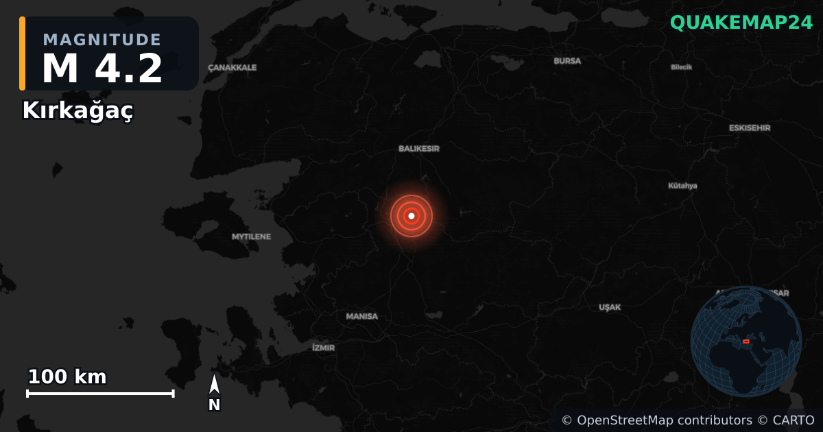 M4.2 earthquake near Kırkağaç on Nov 9, 2025 — map of epicenter and shaking intensity | QuakeMap24