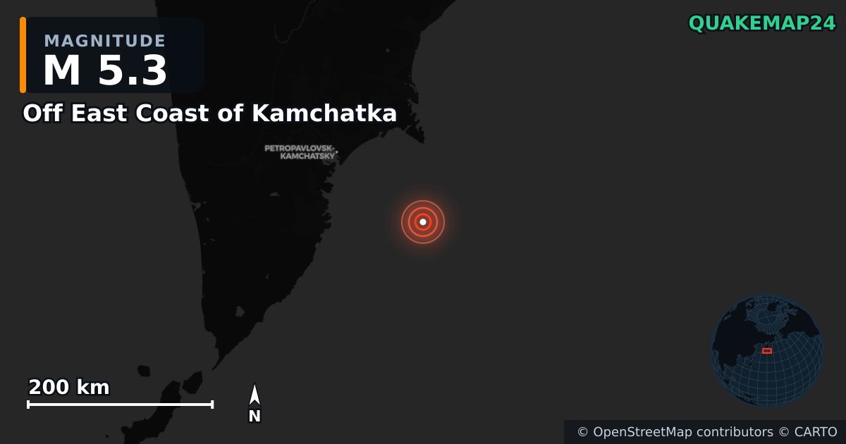M5.3 earthquake near Off East Coast of Kamchatka on Jul 30, 2025 — map of epicenter and shaking intensity | QuakeMap24