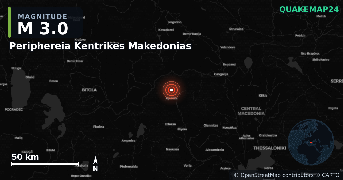 M3.0 earthquake near Periphereia Kentrikes Makedonias on Dec 15, 2025 — map of epicenter and shaking intensity | QuakeMap24